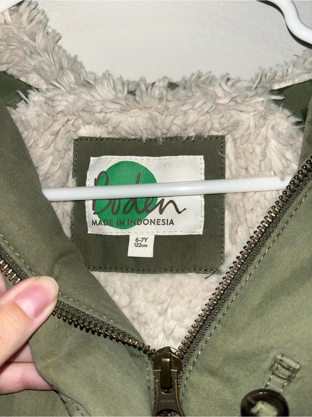 Boden Olive Green Faux Fur Hooded Puffer Jacket for Kids